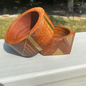 Set of vintage wooden bangles with brass inlay